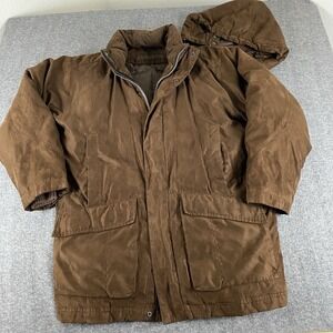 Claiborne Men's Brown Down Parka Jacket L Hooded Defect on Hood String